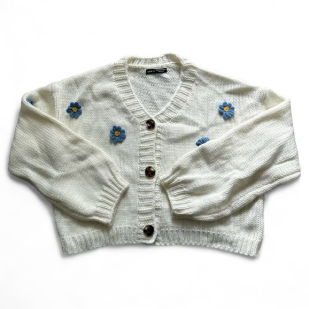 Shein White/Blue Floral Crop Sweater